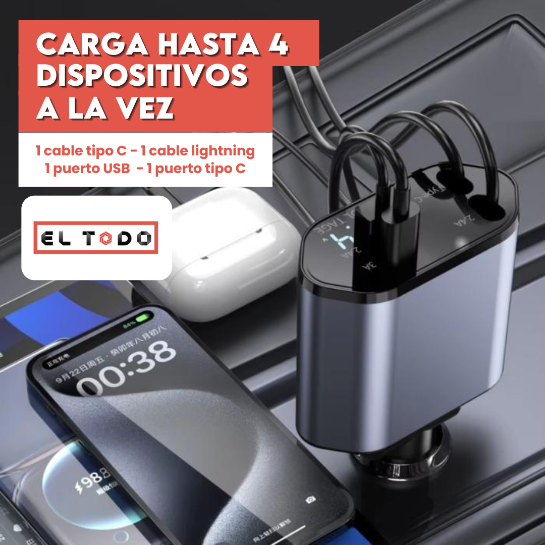 ⚡ ¡Cargador Retráctil 4 en 1! Conéctalo al encendedor y olvídate del desorden 🔌🚗